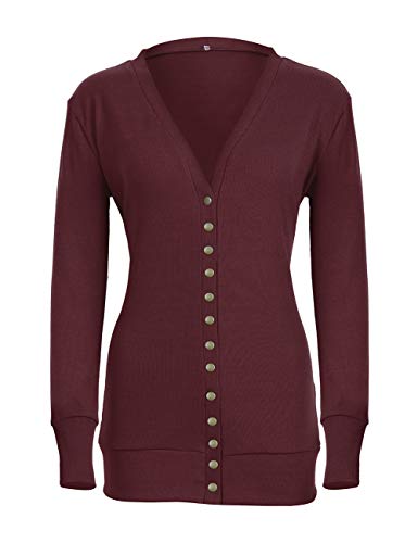 Weilim Women's V-Neck Button Down Knitwear Long Sleeve Casual Cardigans Sweater WineRed L - Thumbnail 3
