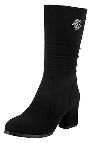 SHOWHOW Women's Winter Microsuede Hidden Elevator Heel Mid Calf Boots With Zipper Black 10.5 B(M) US