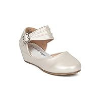 Alrisco Girls Round Toe Ankle Strap Dorsay Ankle Strap Low Wedge HH16 - Ivory Leatherette (Size: Toddler 8)