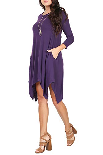 iliad USA P1136 Womens 3/4 Sleeve Hankerchief Hem Pockets Casual T-Shirt Dress Eggplant XL