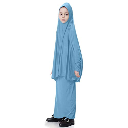 5-9T Muslim Kids Girls Batwing Sleeve Dresses Tops Solid Traditional Abaya Tunic Long Dress 2pcs Outfits Set (Sky blue, 9T / XL) - Thumbnail 4