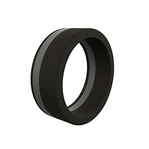 QALO Men's Silicone Pinstripe Ring, Black and Silver - Wedding Inspired Silicone Ring, Size 11