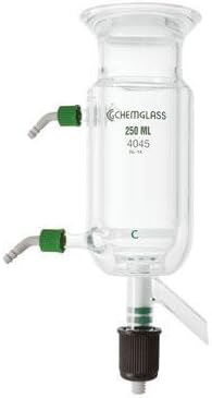Chemglass CG-1868-04, Peptide Synthesis Jacketed Lower Drain Reaction Vessel, Coarse Frit, 100mm ID Flange, Drain Valve Type/CG-511-01, 1000mL Capacity, 100mm Body I.D. x 185mm Height