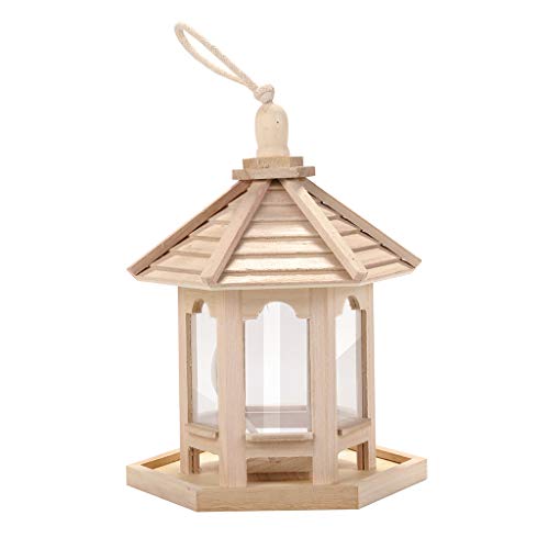 jiumoji Wooden Bird Feeder Outside Hanging for Garden Yard Tree Decoration Hexagon Shaped with Roof