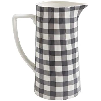 Red Co. Farmhouse Casual Country Glossy Ceramic Stoneware Pitcher, Spouted with Handle, Black Gingham, 64 oz.