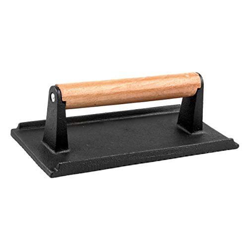 Waykea Cast Iron Bacon Press For Grilling BBQ Heavy Duty Steak Weight Burger Grill Press With Wooden Handle, 8.2” X 4.3”