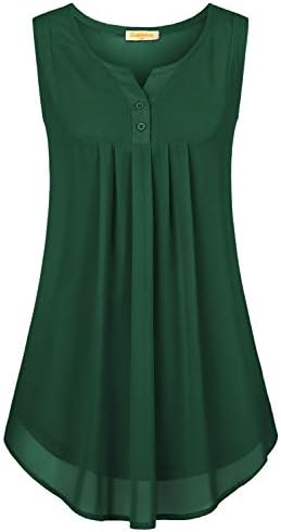 BAIKEA Women's Notch Neck Button Trim Pleated Tank Tops Summer Chiffon Blouses