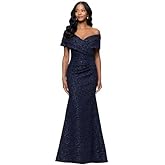 Betsy & Adam Womens Off The Shoulder Jacquard Floor Length Dress (Petite)