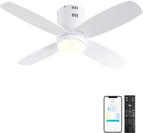 Ohniyou Ventilador de Techo con Luces, 38'' Ventiladores de Techo Pequeños de Montaje Empotrado, Control Remoto y APP, Luz Regulable, 6 Velocidades, Reversible, para Patio Cocina Dormitorio(Blanco)