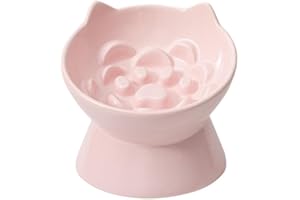 LE SERVETA Macarons Series Elevated Whisker Friendly Cat Slow Feeder - Ceramic, Raised Puzzle, Anti Vomiting, Pink