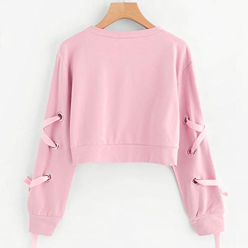 Women's Cropped Sweatshirts Solid Color Long Sleeve Crop Tops Pullover O Neck Blouse (XS, Pink 1)