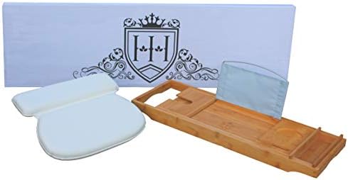 Horsleys Homeware Extendable Bamboo Bath Tub Caddy Tray Bathroom Accessories With Phone, iPad And Wine Glass Holder INCLUDING FREE WATERPROOF PILLOW.