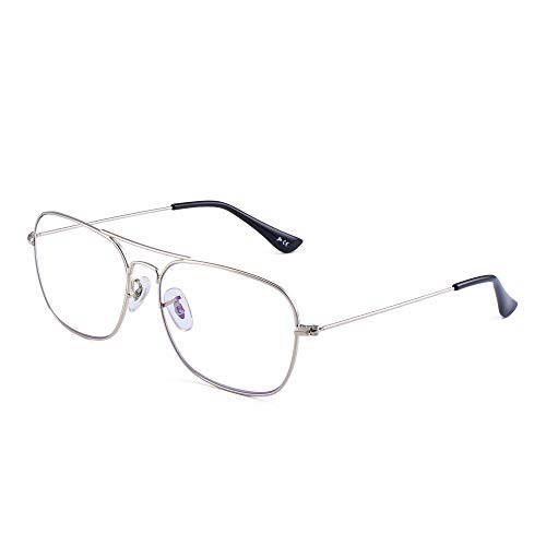 Aviator Blue Light Blocking Computer Glasses, Square Eye Protect Video Eyeglasses Anti Glare Men Women (Silver Frame Black Temple Tips)