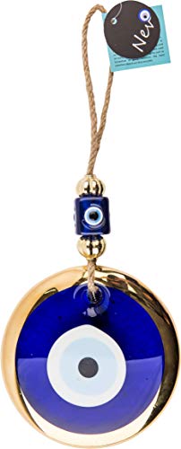 Nevfactory Nazar Boncuk Evil Eye Wall Decoration - Lucky Charm with Turkish Eye 13 cm Glass with Golden Frame