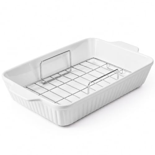 DOWAN 9x13'' Baking Dish with Handles Rack, Deep Ceramic Casserole Pan &