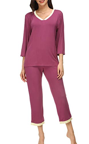 Invug Women 3/4 Long Sleeve Shirt Pants Set Sleepwear V Neck Long Pajamas Loungewear Dark Rose S