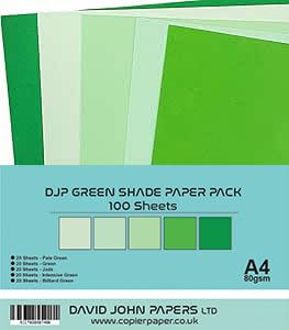 DJP 80GM Green Shade Tint Paper Pack - 5 Colours,100 Sheets - 20 Each Colour