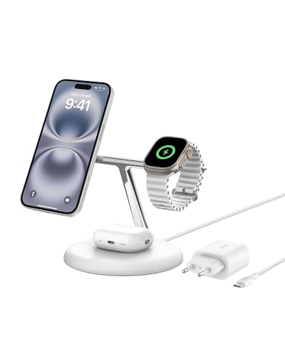 Belkin BoostCharge Pro Kabellose 3-in-1-Ladestation mit Qi2, 15W, MagSafe Kompatibel, Ladegerät Induktive für iPhone 17, Air, 16, 15, Pixelsnap, AirPo