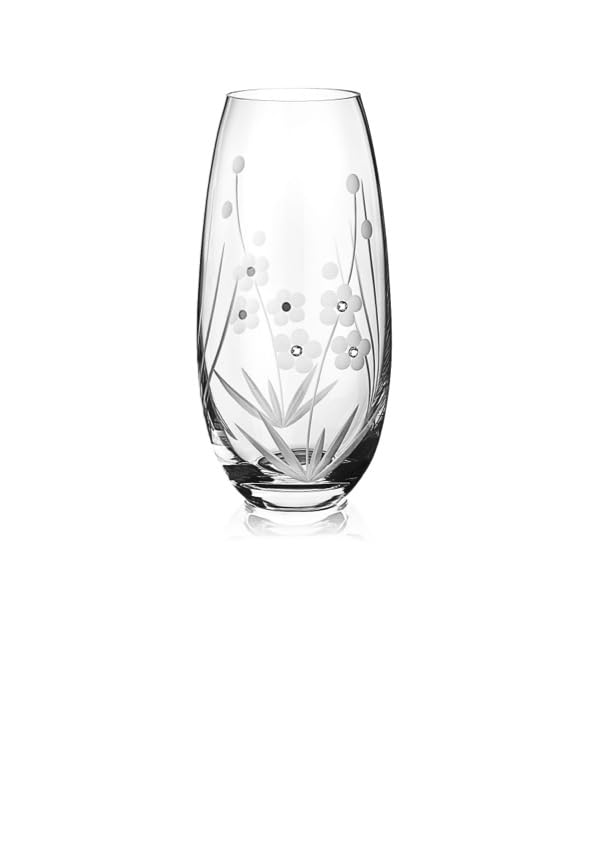 DIAMANTE Swarovski 'Marigold' Vase - Hand Cut Flowers Floral Pattern Barrel Crystal Glass Mother's day Vase with Swarovski Crystals - 25cm