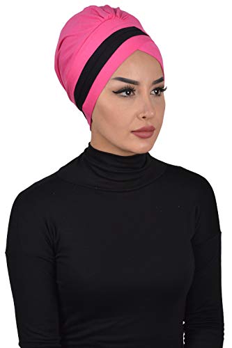 Instant Turban Cotton Scarf Head Wrap Cancer Chemo Headwear Two Clr Fuchsia Blck