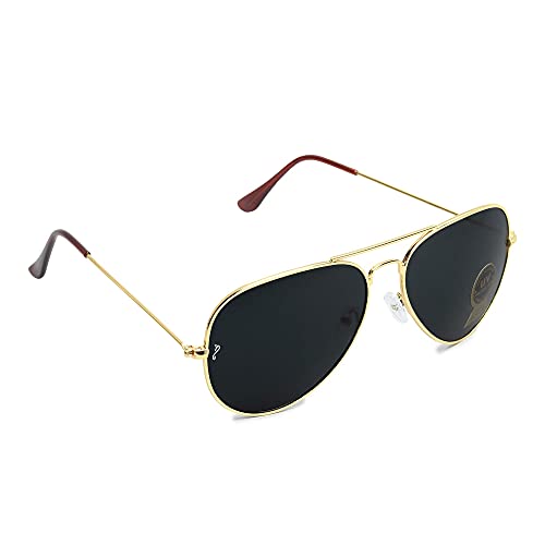 Campeon Aviator UV 400 Protection Golden Frame Black Glass Sunglasses for Men and Women with Wooden Case