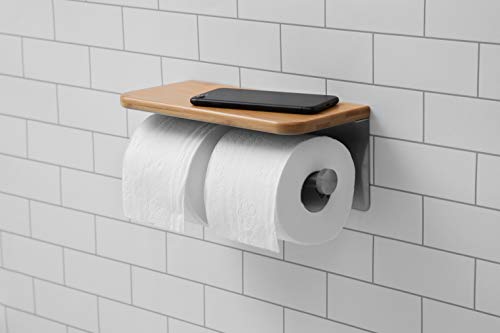 JackCubeDesign Dual Toilet Paper Holder Stainless Steel Wall Mount Bathroom Double Tissue Rack with Bamboo Shelf Tray for Bath - MK428B