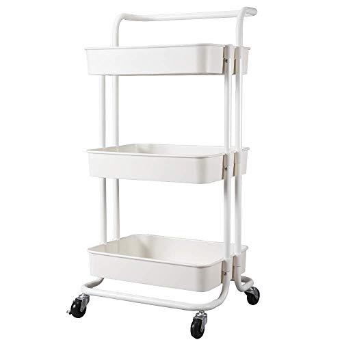 JAKAGO 3-Tier Rolling Utility Cart Storage Shelves Multifunction Trolley Cart with Mesh Basket, Handles and Wheels Adjustable Service Cart for Office, Kitchen, Bedroom, Bathroom, Laundry Room (White)