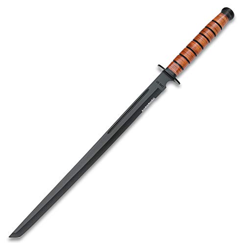 K EXCLUSIVE US 1942 Combat Fighting Knife and Sword Set - Stainless Steel Blades, Non-Reflective Finish, Stacked Leather Handles, Sheaths