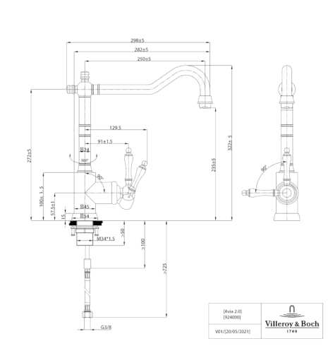 Villeroy & Boch Avia 2.0 Kitchen Taps, High Pressure Kitchen Faucet with Ceramic Cartridge and 360° Swivel Radius, Low Consumption Sink Faucet, Spout Height 235 mm, Gold