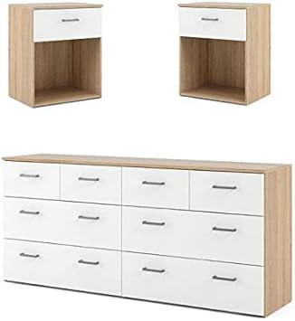 Amazon Com Home Square Contemporary Design 3 Piece Bedroom Set With Two 1 Drawer Nightstands And 8 Drawer Double Dresser In Oak And White Furniture Decor