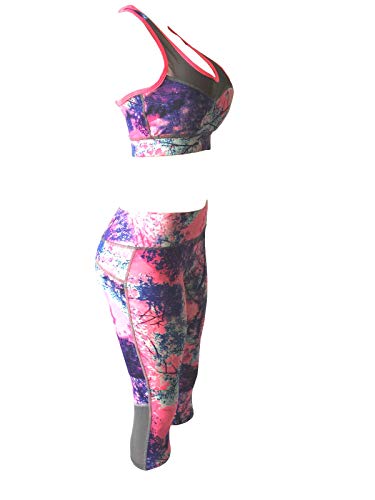 Women Gym Yoga Workout Padded Sports Bra Top + Cropped Leggings Activewear Set (M/L, Coral Mix) - Thumbnail 2