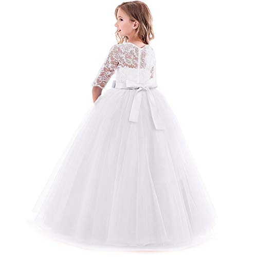 Flower Girls Dresses Vintage Lace Princess Long Dress for Kids 3/4 Sleeve Wedding Pageant Tulle Bridesmaid Dress Christening Baptism First Holy Communion Dress Evening Formal Prom Ball Gown White 5-6 - Thumbnail 4