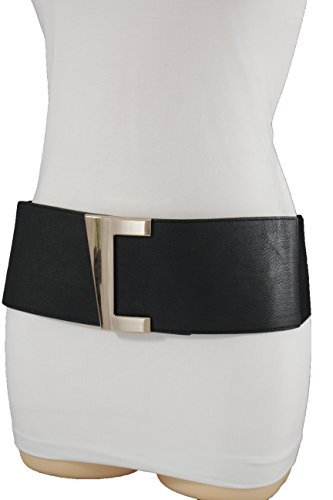 TFJ Women's Fashion Corset Belt Wide Hip Waist Faux Leather Elastic Metal Gold Buckle Small Medium Black