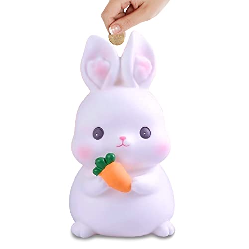 Cute Piggy Bank White Bunny Money Bank for Kids,Unbreakable Coin Bank,Creative Girls Piggy Banks,Animal Rabbit Saving Box for Boys,Can Store 600 Coins,Kids Birthday Gifts（White）