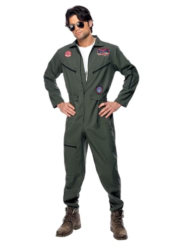 Smiffys Top Gun Costume, Adult Green Jumpsuit, Name Tags & Glasses, Official Top Gun License Outfit with Aviation Badges, Pocket Zip Details & Waist Belt, Official Top Gun Halloween Fancy Dress