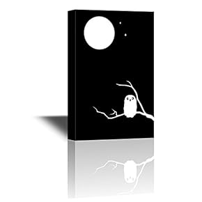 Canvas Wall Art - an Owl Sitting on a Tree Branch with Bright Full Moon in The Dark Night Sky - Gallery Wrap Modern Home Art | Ready to Hang - 12x18 inches