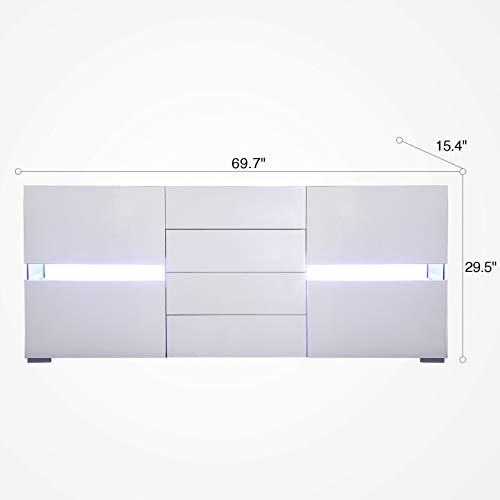 LED Sideboard Kitchen Buffet Storage Cabinet High Gloss TV Stand Server Console Table with 2 Doors & 4 Drawers,White - Thumbnail 6