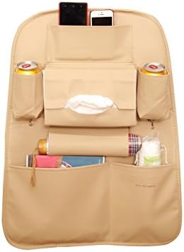 Dotaki Kick Mats Car Backseat Organizer (Leather) Cargo Storage Carrier with Pockets | Store Water Bottles, Mobile Devices, Tissue, Umbrella, Toys | Keeps Entertainment Accessible (Light Yellow)