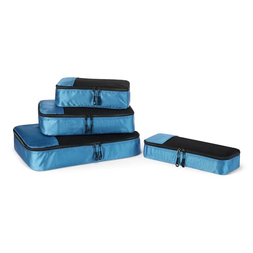 Juego de 4 Cubos para Viaje, Organizador de Equipaje con Doble Cremallera, Parte Superior de Malla, 100% Poliéster, Pequeño/Mediano/Grande/Delgado, Celeste (antes Amazon Basics)