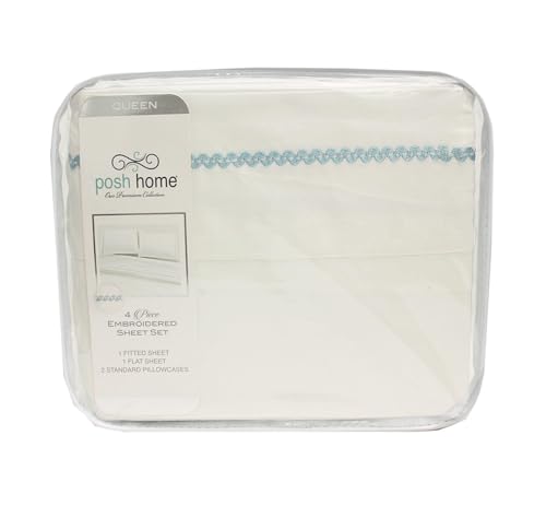 Posh Home 4 Piece Embroidered Sheet Set (Queen, Castle Hill - Blue)