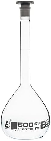LabGlass by EISCO - Volumetric Flask, 500 ml, Class, B, with Polypropylene Stopper, Socket Size, 19/26, Made of Borosilicate Glass 3.3, Pack of 2