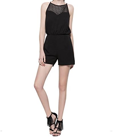 ZEAMO Women’s Crewneck Sleeveless Cut Out Back Casual Black Romper Playsuit Jumpsuit (M,Black)