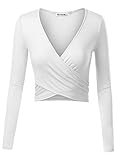 KIRA Women's Deep V Neck Long Sleeve Unique Cross Wrap Slim Fit Crop Tops Medium White