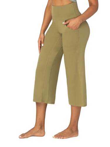 SUNZEL WIDE LEG CAPRI PANTS FOR WOMEN, HIGH WAISTED YOGA PANTS WITH POCKETS, TUMMY CONTROL LOOSE CASUAL CROPPED FLARE PANTS 23″ OLIVE GREEN LARGE