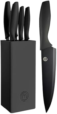 MasterChef Juego de Cuchillos de Cocina con Soporte Taco Universal con Set para Pan, Cebollero, Chef, Carne y Pelar, en Acero Inoxidable, 5 Piezas, Negro, Stainless Steel, Negro, Tacto Suave