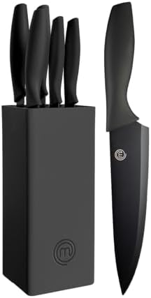 MasterChef Juego de Cuchillos de Cocina con Soporte Taco Universal con Set para Pan, Cebollero, Chef, Carne y Pelar, en Acero Inoxidable, 5 Piezas, Negro, Stainless Steel, Negro, Tacto Suave
