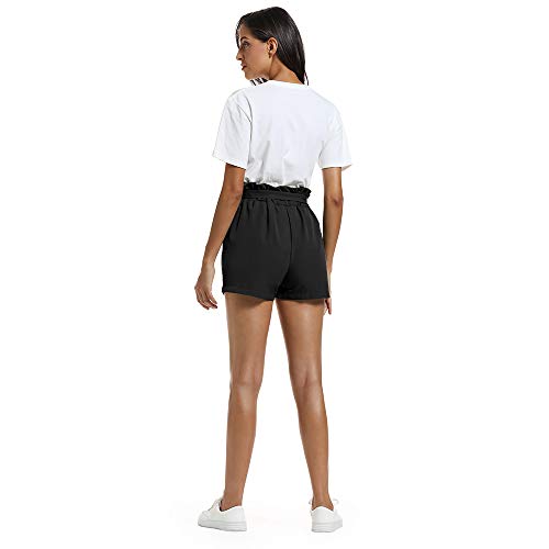 NEWFANGLE Women\'s Casual Paper Bag Shorts Elastic Tie Waist with Pocket Comfy Summer Shorts for Women,Black,L