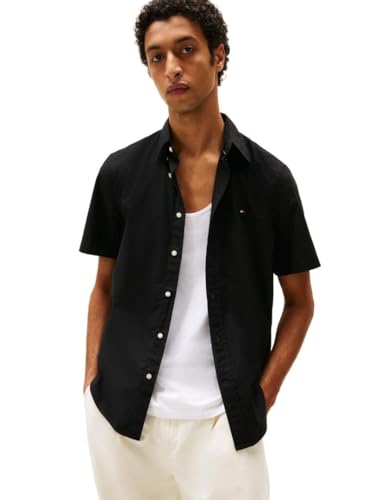Tommy Hilfiger Men’s Flex Poplin Regular Short Sleeve Shirts, Black X-Large