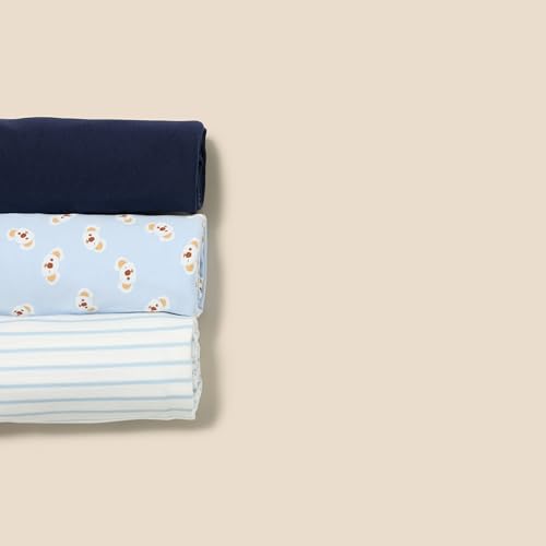 Amazon Essentials Unisex Babies\' Swaddle Blankets, Pack of 3, Navy/Stripe/Koala, One Size