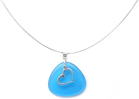 Solares Silvertone Dark Aqua Sea Glass Style Wire Necklace with Heart Charm
